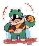  2014 animal_crossing arm_above_head biceps blue_background boasting bottomless brown_stripes clothed clothing countershade_face countershade_torso countershading drcrunk eyes_closed featureless_crotch featureless_feet featureless_limbs flexing gloves green_skin hand_on_stomach hi_res hippopotamus laugh male mammal marker_(artwork) musclegut navel nintendo open_mouth overweight overweight_male partially_clothed rocco_(animal_crossing) shirt simple_background smile standing stripes tan_countershading tan_skin traditional_media_(artwork) video_games white_background 