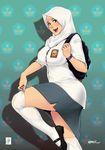  backpack bag blush braces breasts brown_eyes chaerunisa commentary highres hijab large_breasts looking_at_viewer mary_janes miniskirt muslim open_mouth original over-kneehighs school_uniform shirt shoes skirt smile solo taut_clothes taut_shirt thighhighs thighs white_legwear zephyr_aile 