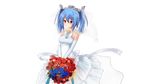  absurdres bare_shoulders blue_hair bouquet choker collarbone dress elbow_gloves flower frills gathers gloves hair_between_eyes headgear highres holding holding_bouquet light_smile looking_at_viewer mozhe_inkian prinz_eugen_(zhan_jian_shao_nyu) red_eyes short_twintails solo strapless strapless_dress transparent_background twintails two-handed wedding_dress white_choker white_dress white_gloves white_sash zhan_jian_shao_nyu 