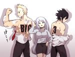  2boys amajiki_tamaki back bare_arms bare_back black_hair black_pants blonde_hair blouson_chiemi blue_eyes boku_no_hero_academia breasts closed_mouth collared_shirt commentary flexing hadou_nejire half-closed_eyes hand_on_hip highres kmkm3 long_hair long_sleeves looking_at_viewer medium_breasts multiple_boys muscle necktie open_mouth pants parody pinstripe_pattern pointy_ears pose shadow shirt shirtless silver_hair simple_background skirt smile spiked_hair striped toned toned_male toogata_mirio undressing very_long_hair wavy_mouth white_background 