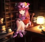  book book_stack bookshelf boots chair crescent crescent_moon_pin dated frown fujiwara_rein hair_ribbon hat highres ladder lamp mob_cap patchouli_knowledge purple_eyes purple_hair reading ribbon signature sitting solo table touhou 