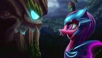  2017 armor blue_eyes detailed_background duo feral glowing glowing_eyes hair league_of_legends my_little_pony purple_eyes purple_hair riot_games tongue video_games zigword 