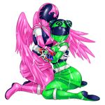  2girls chameleon_green cum hammy multiple_girls raptor_283 super_sentai uchu_sentai_kyuranger washi_pink wings 
