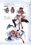  absurdres armlet ass bangs bikini blue_eyes bracelet braid brown_hair bubble chibi collar dolphin frilled_bikini frills full_body granblue_fantasy hat highres holding holding_sword holding_weapon innertube jewelry lecia_(granblue_fantasy) long_hair looking_at_viewer looking_back lying minaba_hideo multiple_views navel non-web_source official_art on_stomach open_mouth peaked_cap polka_dot polka_dot_bikini sandals scan simple_background smile swimsuit sword water weapon 