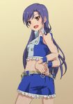  adjusting_clothes belt blue_hair brown_eyes flat_chest gradient gradient_background idolmaster idolmaster_(classic) kisaragi_chihaya long_hair midriff open_mouth rikku04 smile solo 