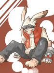  balls blush clothing erection hi_res kanohoko king_kazuma kosian lagomorph looking_at_viewer male mammal pants penis precum rabbit red_eyes solo summer_wars 