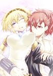  aegis_(persona) android biting blonde_hair blue_eyes breast_sucking breasts brown_hair cleavage female_protagonist_(persona_3) hair_ornament hairclip medium_breasts multiple_girls persona persona_3 persona_3_portable red_eyes segami_daisuke short_hair through_clothes yuri 