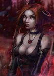  1girl amulet blood bloodrayne bloody_weapon breasts choker cleavage dated dhampir elbow_gloves fangs fingerless_gloves green_eyes halter_top halterneck kate-fox large_breasts leather_armor rayne red_hair standing watermark weapon 