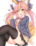  alternate_costume alternate_hairstyle animal_ears ass blush breasts casual cleavage collarbone commentary_request crossed_legs fang fate/extella fate/extra fate/grand_order fate_(series) fox_ears fox_tail heart highres large_breasts long_hair looking_at_viewer necktie one_eye_closed open_mouth pikacchi pink_hair school_uniform sitting skirt sleeves_past_wrists smile solo tail tamamo_(fate)_(all) tamamo_no_mae_(fate) yellow_eyes 