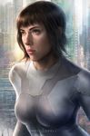  bodysuit breasts brown_hair closed_mouth copyright_name cyborg ghost_in_the_shell ghost_in_the_shell_(2017) green_eyes highres john_law_bc kusanagi_motoko lips medium_breasts nose red_lips short_hair skin_tight solo ugly_man upper_body white_bodysuit 