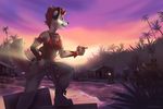  5_fingers anthro breasts canine clothed clothing day dog female fur group gun hair holding_object holding_weapon koul male mammal ranged_weapon red_hair sky smile water weapon white_fur 