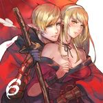  1boy 1girl 6 blonde_hair blue_eyes blush breasts cleavage elezen elf final_fantasy final_fantasy_xiv gloves hairband japanese_clothes long_hair looking_at_another number off_shoulder oriental_umbrella pointy_ears preyanan_suwanpramote samurai_(final_fantasy) simple_background sword umbrella weapon yellow_eyes 