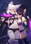 &gt;:) absurdres animal_ears arm_around_neck ass_visible_through_thighs bandeau belt bikini black_gloves black_hair black_legwear blue_eyes blush braid breasts cleavage daye_bie_qia_lian dual_wielding eyebrows_visible_through_hair eyepatch fingerless_gloves fur_trim garter_straps genderswap genderswap_(mtf) gloves glowing glowing_eyes hair_between_eyes hairband headgear highres holding kha'zix knife large_breasts league_of_legends leg_up long_hair medium_breasts multiple_girls navel night personification rengar short_twintails single_pauldron slit_pupils smile strapless swimsuit tail thigh_strap thighhighs twintails v-shaped_eyebrows very_long_hair wavy_mouth white_hair yellow_eyes 