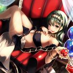  bandeau bangs bare_shoulders book bracelet breasts chain chair commentary_request curtains finger_to_mouth green_eyes green_hair hair_between_eyes hairband hand_up holding index_finger_raised jewelry kantai_collection koruta_(nekoimo) long_hair looking_at_viewer lying medium_breasts midriff on_back open_book open_mouth parted_lips smile solo suzuya_(kantai_collection) teeth thighs tongue tongue_out 