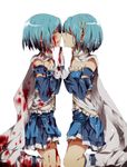  bad_id bad_pixiv_id blood blood_on_face bloody_clothes blue_hair blue_shirt blue_skirt boots cape closed_eyes detached_sleeves dual_persona face-to-face fortissimo fortissimo_hair_ornament gloves hair_ornament highres hiiragi_fuyuki kneeling mahou_shoujo_madoka_magica miki_sayaka miniskirt multiple_girls pleated_skirt shirt short_hair simple_background skirt strapless tears white_background white_cape white_footwear white_gloves 