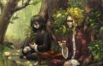  aizawa_shouta black_hair blonde_hair boku_no_hero_academia chinese_commentary commentary_request dappled_sunlight facial_hair forest indian_style male_focus mojuu multiple_boys nature outdoors shade sitting smile stubble sunlight tea teapot yagi_toshinori 