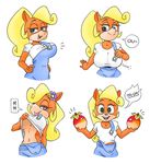  &lt;3 &lt;3_eyes anthro bandicoot big_breasts blonde_hair breasts clothed clothing coco_bandicoot crash_bandicoot_(series) eyebrows eyelashes female flower flower_in_hair food fruit green_eyes hair humor joke mammal marsupial midriff navel plant ponytail popon13 simple_background small_breasts solo squidapple text tongue tongue_out under_boob video_games white_background wumpa_fruit 