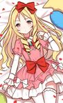  blonde_hair blush bow brown_eyes eromanga_sensei eyebrows_visible_through_hair hair_bow heart heart_pillow highres izumo_neru long_hair looking_at_viewer lying on_back pillow red_bow sketch solo star_pillow thighhighs white_bow white_legwear yamada_elf 