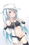  black_bra black_legwear black_panties blue_eyes blush bra closed_mouth expressionless flat_cap hat hibiki_(kantai_collection) highres kantai_collection kure_(kure_ng) long_hair long_sleeves looking_at_viewer navel panties silver_hair simple_background single_thighhigh solo standing thighhighs underwear verniy_(kantai_collection) very_long_hair white_background 