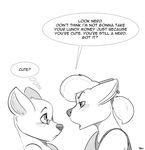  ambiguous_gender anthro blush canine clothed clothing dialogue duo english_text female fur greyscale hair komponi mammal monochrome text 