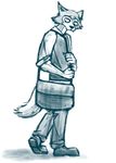  2017 anthro bag beastars blue_and_white bluedouble canine clothed clothing legosi_(beastars) looking_down male mammal monochrome side_view simple_background solo white_background wolf 