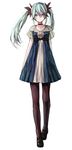  black_legwear black_ribbon choker collarbone dress full_body green_hair grey_eyes hair_between_eyes hair_ornament hatsune_miku karakuri_pierrot_(vocaloid) long_hair looking_at_viewer nonoharak pantyhose ribbon ribbon_choker short_dress simple_background solo standing twintails very_long_hair vocaloid white_background 