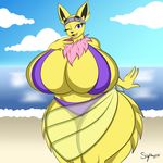  2016 absurd_res anthro big_breasts bikini breasts cleavage clothed clothing eeveelution female hi_res huge_breasts hyper hyper_breasts jolteon nintendo one_eye_closed pok&eacute;mon side_boob smile solo supersonicrulaa swimsuit under_boob video_games wink 