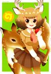  animal_ears apple blush brown_eyes brown_hair character_name cowboy_shot curly_hair deer deer_ears food fruit hachimituzuke hair_ornament hairclip horns japari_symbol kemono_friends miniskirt mule_deer_(kemono_friends) open_mouth pantyhose sailor_collar skirt solo teeth 