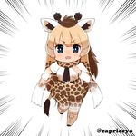  :d animal_ears artist_name belt blonde_hair blue_eyes blush boots brown_hair capriccyo chibi emphasis_lines eyebrows_visible_through_hair full_body giraffe_ears giraffe_horns giraffe_print giraffe_tail japan_world_cup kemono_friends leg_up long_hair looking_at_viewer multicolored multicolored_clothes multicolored_hair multicolored_legwear open_mouth pantyhose reticulated_giraffe_(kemono_friends) running scarf skirt smile solo twitter_username v-shaped_eyebrows very_long_hair white_background 