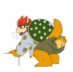  2014 anothermeekone anthro anus belly bowser butt claws clothed clothing digital_drawing_(artwork) digital_media_(artwork) eyewear glasses hair horn koopa male mammal mario_bros nintendo open_mouth red_hair scalie shell simple_background solo spiked_hair spikes spots tongue tongue_out torn_clothing video_games white_background 