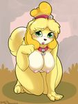  2017 absurd_res all_fours animal_crossing anthro areola big_breasts black_nose blonde_hair blush breasts canine collar dipstick_tail dog eyelashes female green_eyes hair hi_res isabelle_(animal_crossing) looking_at_viewer mammal multicolored_tail nintendo nipples pussy shih_tzu skoon solo video_games 