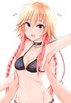  armpits bikini black_bikini blush breasts choker groping highres idolmaster idolmaster_cinderella_girls long_hair looking_at_viewer multicolored_hair navel ninomiya_asuka open_mouth orange_hair pink_hair purple_eyes shirushiru_(saitou888) small_breasts solo_focus swimsuit white_background 