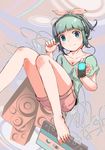  1girl barefoot blue_eyes blue_hair blush cleavage feet hair_bow headphones ipod legs looking_at_viewer ponytail shorts toes 