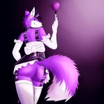  ambiguous_gender anthro bottomless bow butt canine clothed clothing eyelashes fox gloves hair looking_at_viewer looking_back maid_uniform mammal no_underwear presenting rubber schizy shiny skirt solo uniform upskirt 