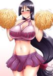  alternate_costume bare_arms bare_shoulders black_hair blush breasts character_name cheerleader cleavage cleavage_cutout clothes_writing collarbone commentary_request crop_top fate/grand_order fate_(series) flying_sweatdrops gradient gradient_background hands_up highres kanno_takanori large_breasts long_hair looking_at_viewer low-tied_long_hair midriff minamoto_no_raikou_(fate/grand_order) navel pleated_skirt pom_poms purple_eyes purple_skirt shiny shiny_hair simple_background skirt smile solo stomach sweatdrop thighs very_long_hair white_background 