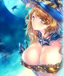  aircraft airship beatrix_(granblue_fantasy) breasts brown_eyes brown_hair cleavage closed_mouth eyebrows_visible_through_hair frills gloves granblue_fantasy grancypher_(granblue_fantasy) hat large_breasts long_hair looking_at_viewer min-naraken moon night night_sky signature sky smile solo star witch_hat 
