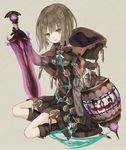  bad_id bad_pixiv_id boots breasts brown_hair cage cloak dress full_body green_eyes gretel_(sinoalice) hansel_(sinoalice) holding holding_sword holding_weapon hood hooded_cloak lantern looking_at_viewer oro_ponzu patterned_clothing seiza short_hair shorts simple_background sinoalice sitting small_breasts smile solo sword weapon 