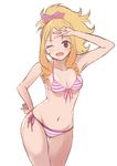  ;d bikini blonde_hair bow brown_eyes cowboy_shot drill_hair eromanga_sensei front-tie_top hair_bow highres kurokku long_hair looking_at_viewer one_eye_closed open_mouth pink_bikini side-tie_bikini simple_background smile solo striped striped_bikini swimsuit twin_drills v v_over_eye white_background yamada_elf 