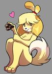  &lt;3 animal_crossing anthro blitzdrachin blush blush_sticker canine dog female fur hair hi_res isabelle_(animal_crossing) mammal nintendo nude pawpads paws sitting solo video_games yellow_fur 