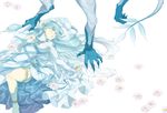  aisutabetao anklet aqua_(fire_emblem_if) aqua_hair arm_grab bangs barefoot blue_hair blue_ribbon breasts bridal_gauntlets dress fire_emblem fire_emblem_if flower hair_spread_out headdress highres jewelry knee_up long_hair looking_at_viewer lying male_my_unit_(fire_emblem_if) mamkute medium_breasts my_unit_(fire_emblem_if) on_back outstretched_arm parted_lips ribbon sideways_glance solo_focus swept_bangs thighlet veil very_long_hair white_background white_dress yellow_eyes 