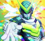  abstract_background alternate_costume bodysuit commentary_request cyborg foreshortening genji_(overwatch) gloves green_background helmet looking_at_viewer male_focus mask nkatazmukai outstretched_hand overwatch power_armor reaching_out scarf sentai_genji signature solo tokusatsu upper_body white_gloves white_scarf yellow_background 