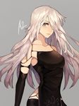  android blue_eyes breasts character_name collarbone elbow_gloves eyelashes gloves hair_over_one_eye highres long_hair looking_at_viewer medium_breasts mole mole_under_mouth nier_(series) nier_automata patterned_clothing pullssack sleeveless solo tank_top text_focus white_hair yorha_type_a_no._2 