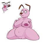  2017 anthro big_breasts breast_rest breasts canine cartoon_network courage courage_the_cowardly_dog crossgender cute dog female fur hand_on_breast hi_res komponi lol_comments mammal navel nipples nude pink_fur pink_nipples pussy simple_background slightly_chubby solo white_background 