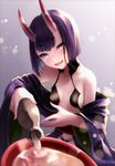  alcohol blurry blush bottle breasts cup depth_of_field fangs fate/grand_order fate_(series) head_tilt horns japanese_clothes kimono koruta_(nekoimo) light_particles looking_at_viewer off_shoulder oni oni_horns open_mouth purple_eyes purple_hair sakazuki sake short_hair shuten_douji_(fate/grand_order) small_breasts smile solo 