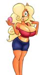  anthro bandicoot beauty_mark big_breasts black_nose blonde_hair breasts cleavage clothed clothing crash_bandicoot_(series) daredemon7000 eyelashes female green_eyes hair hair_over_eye looking_at_viewer mammal marsupial midriff off_shoulder popon13 shorts simple_background solo standing tawna_bandicoot video_games white_background 