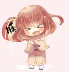  &gt;_&lt; :d alternate_costume brown_hair brown_kimono chibi closed_eyes fan fang full_body hair_ornament hairclip ikazuchi_(kantai_collection) japanese_clothes kantai_collection kimono kouu_hiyoyo open_mouth short_hair simple_background smile solo xd yukata 