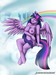  2017 absurd_res anthro anthrofied areola breasts cutie_mark equine eyes_closed feathered_wings feathers female friendship_is_magic fur hair hi_res horn jcosneverexisted long_hair mammal multicolored_hair multicolored_tail my_little_pony navel nipples purple_feathers purple_fur rainbow smile solo twilight_sparkle_(mlp) winged_unicorn wings 