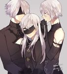  2boys blindfold blue_eyes cleavage_cutout closed_eyes genderswap genderswap_(ftm) genderswap_(mtf) grey_background highres long_hair long_sleeves looking_at_another multiple_boys nier_(series) nier_automata pullssack short_hair simple_background text_focus white_hair yorha_no._2_type_b yorha_no._9_type_s yorha_type_a_no._2 
