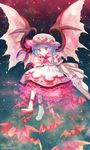  amo ascot bat_wings blue_hair commentary_request dress embellished_costume full_body hat highres lace lace-trimmed_dress mob_cap petticoat pink_wings puffy_short_sleeves puffy_sleeves red_eyes remilia_scarlet short_sleeves solo touhou white_dress wings 