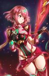  ass_visible_through_thighs athenawyrm black_gloves blush breasts commentary covered_navel fingerless_gloves gloves hand_on_own_chest homura_(xenoblade_2) large_breasts looking_to_the_side parted_lips red_eyes red_hair short_hair short_shorts shorts sidelocks solo thighhighs tiara xenoblade_(series) xenoblade_2 